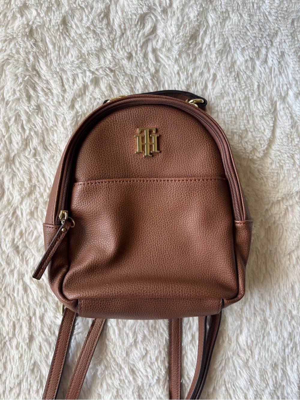 Tommy Hilfiger Chestnut Pebbled Mini Backpack with Gold Logo